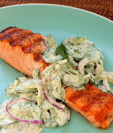 Grilled Salmon with Creamy Cucumber-Dill Salad - Once Upon a Chef