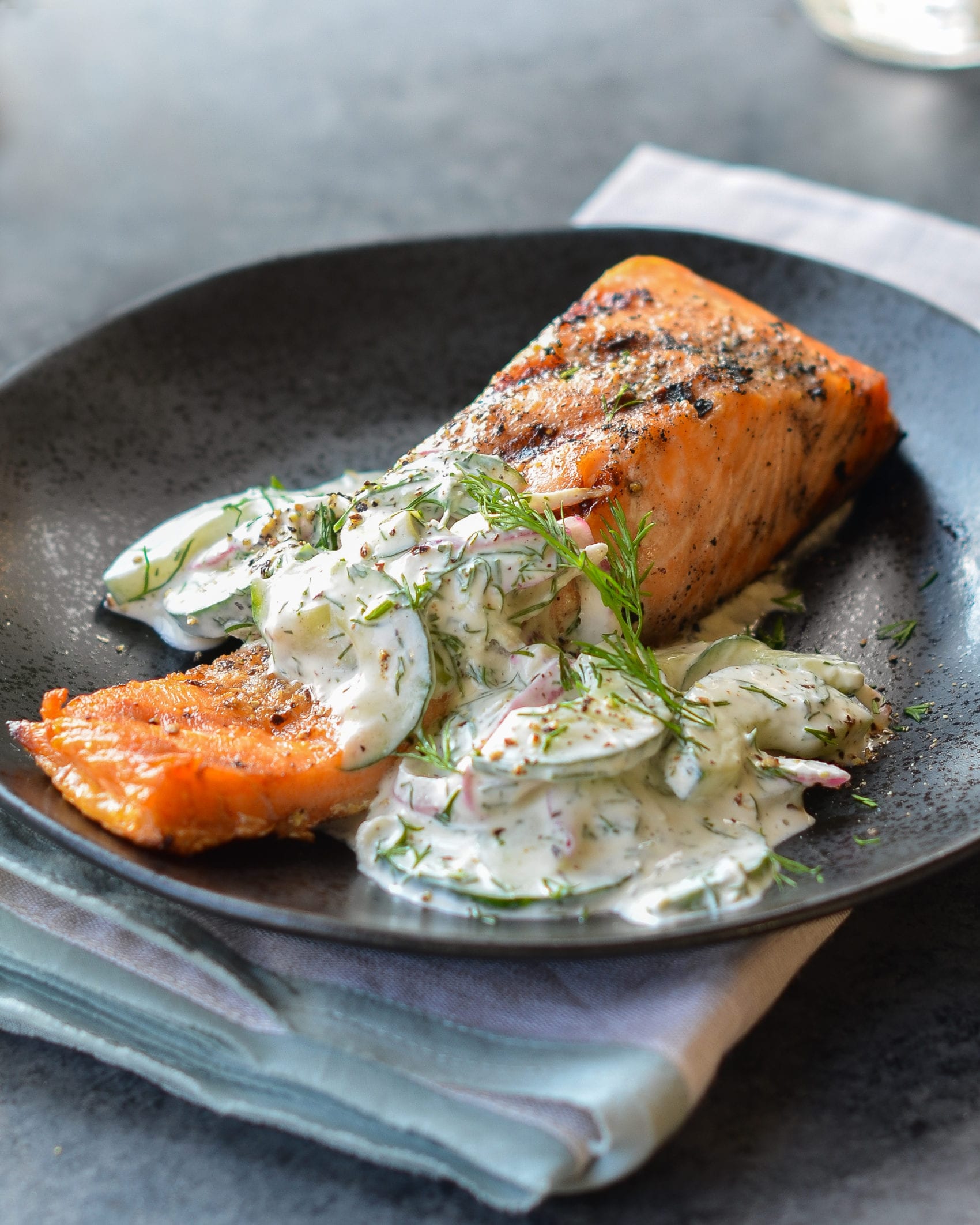 Grilled Salmon with Creamy Cucumber-Dill Salad - Once Upon a Chef