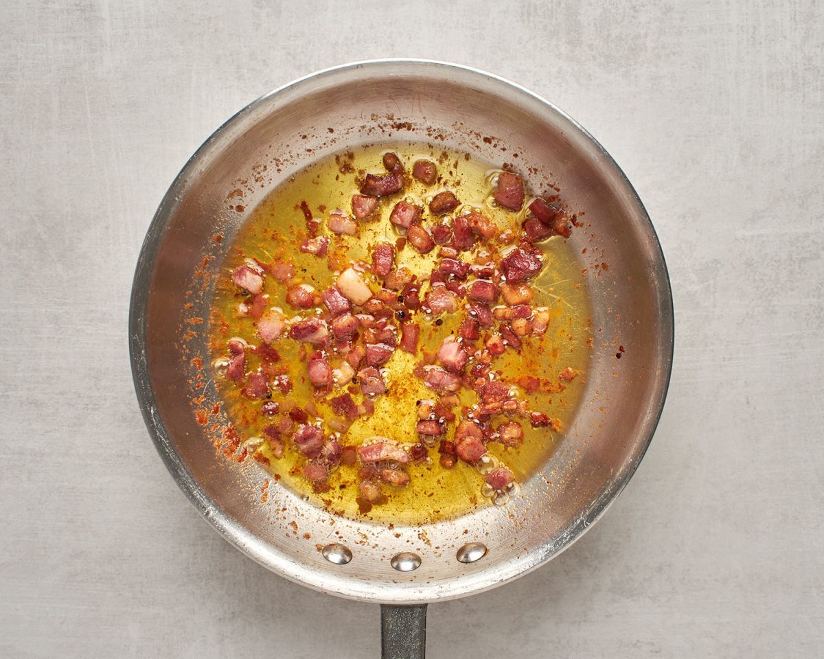 crispy pancetta in skillet