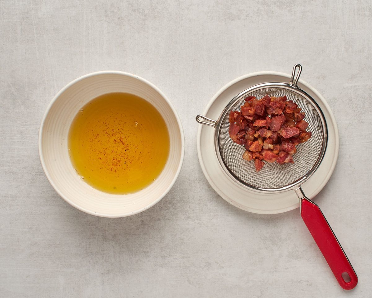 strained pancetta and drippings in separate bowls