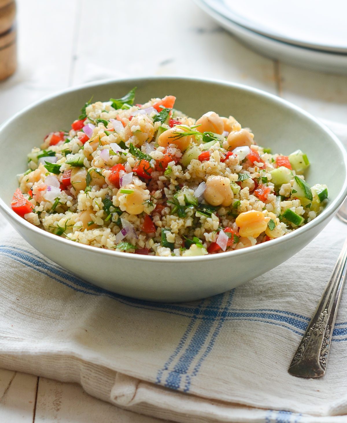 Bulgur Salad with Cucumbers, Red Peppers, Chick Peas, Lemon and Dill