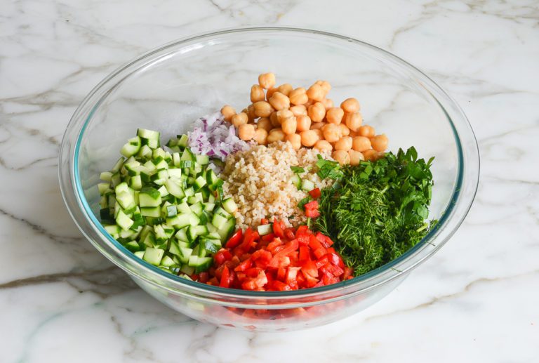 Bulgur Salad With Cucumbers, Red Peppers, Chick Peas, Lemon And Dill