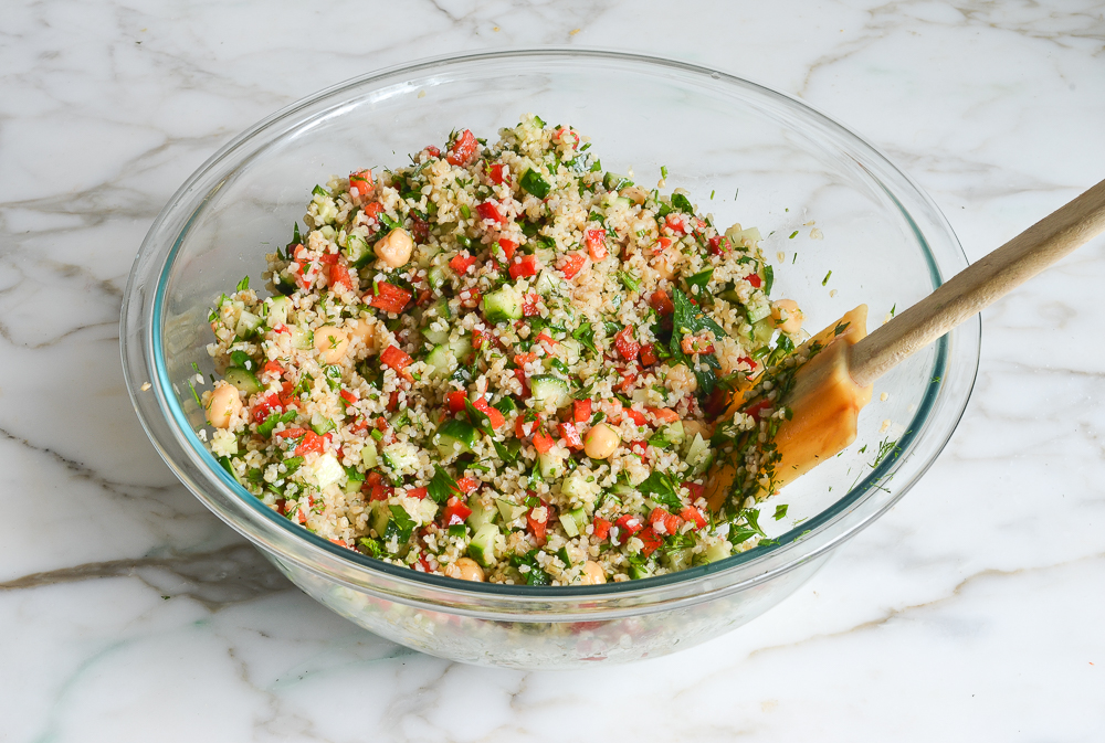 Bulgur Salad with Cucumbers, Red Peppers, Chick Peas, Lemon and Dill