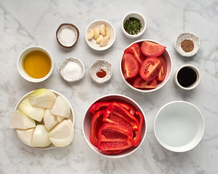 ingredients to make roasted red pepper and tomato gazpacho