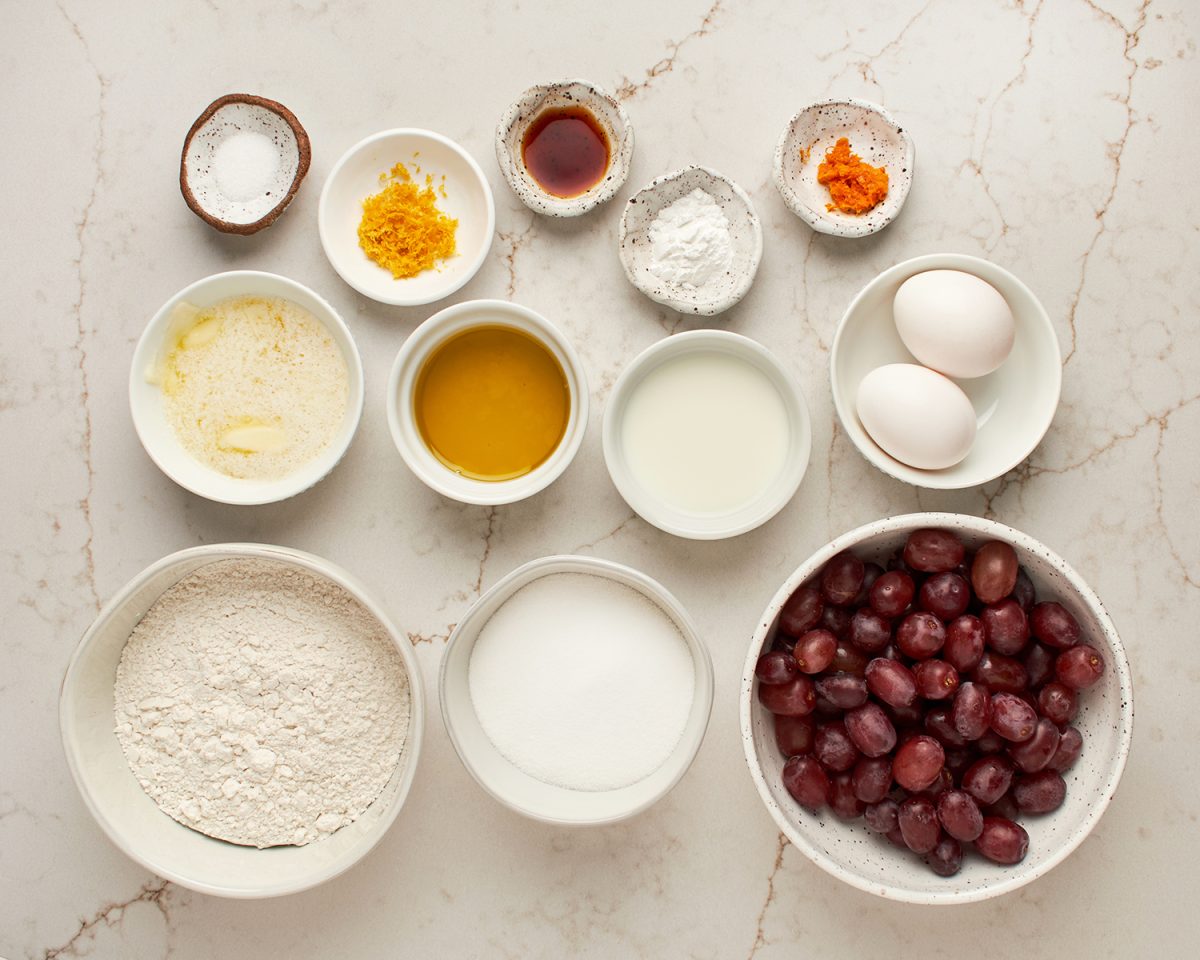 ingredients for harvest grape and olive oil cake