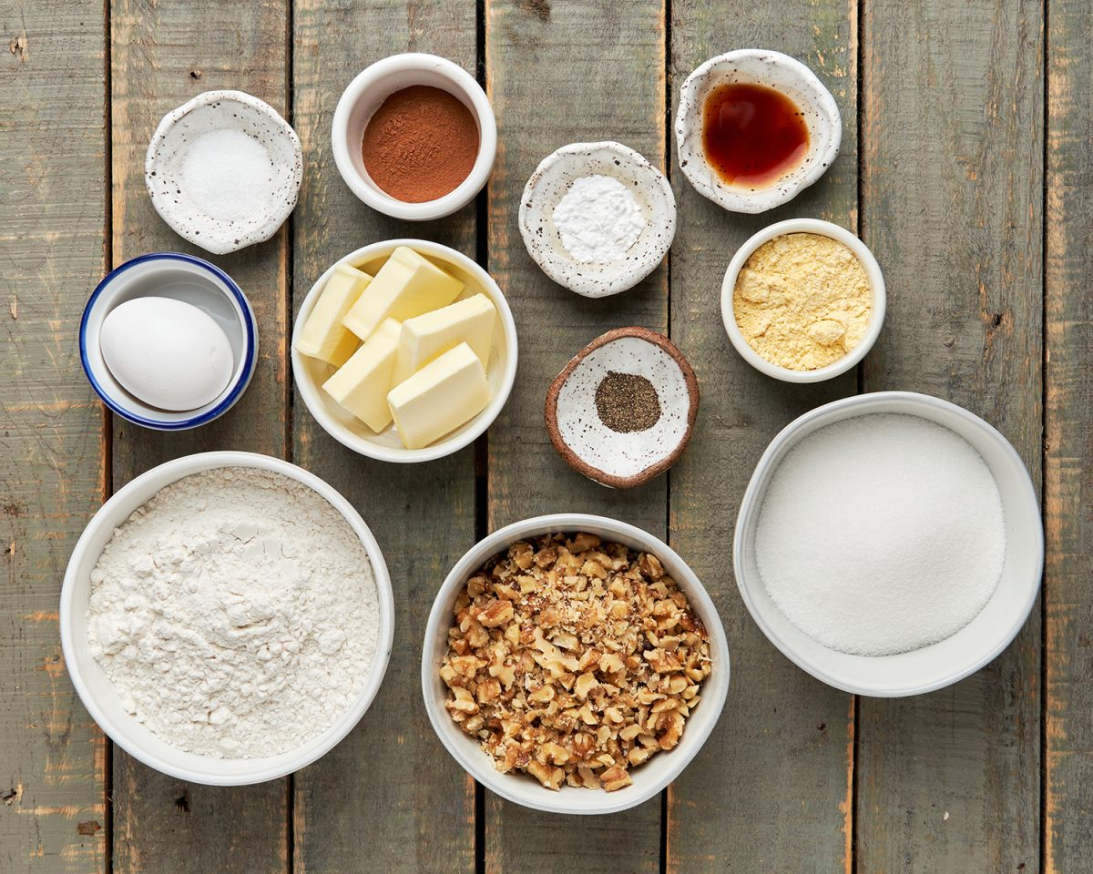 ingredients for walnut and cinnamon biscotti