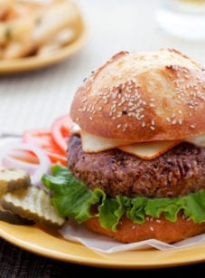 Burger on a plate with toppings.