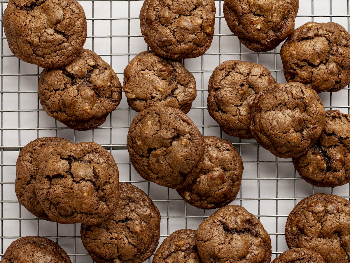 double chocolate chip cookies on rack