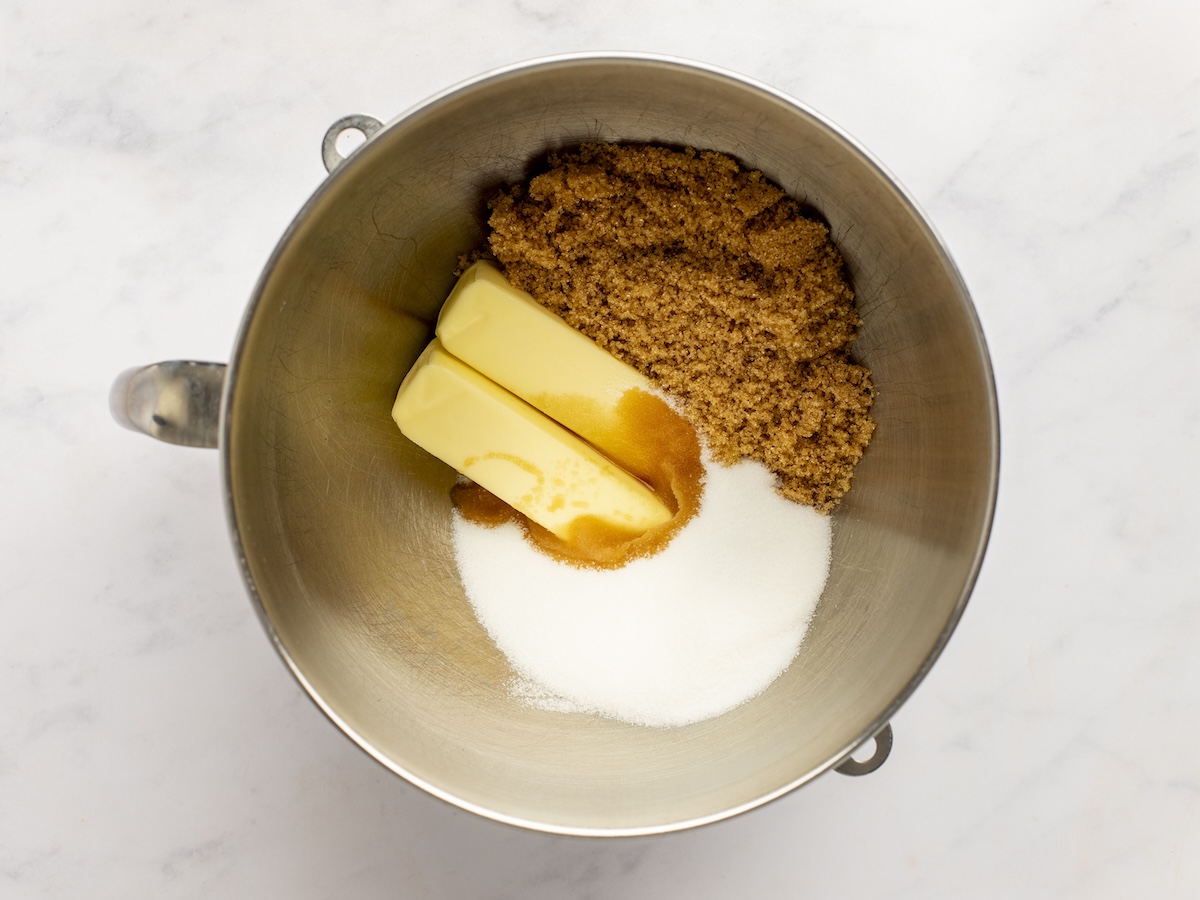 butter and sugars in mixing bowl