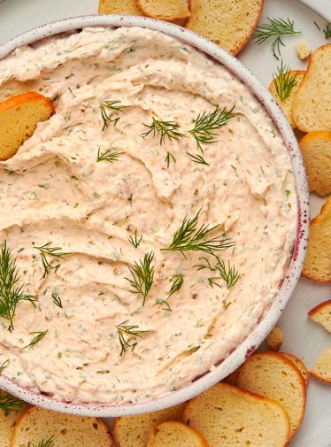 smoked salmon dip on platter with bagel chips