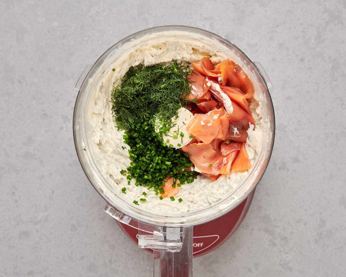 smoked salmon, chives, and dill added to food processor