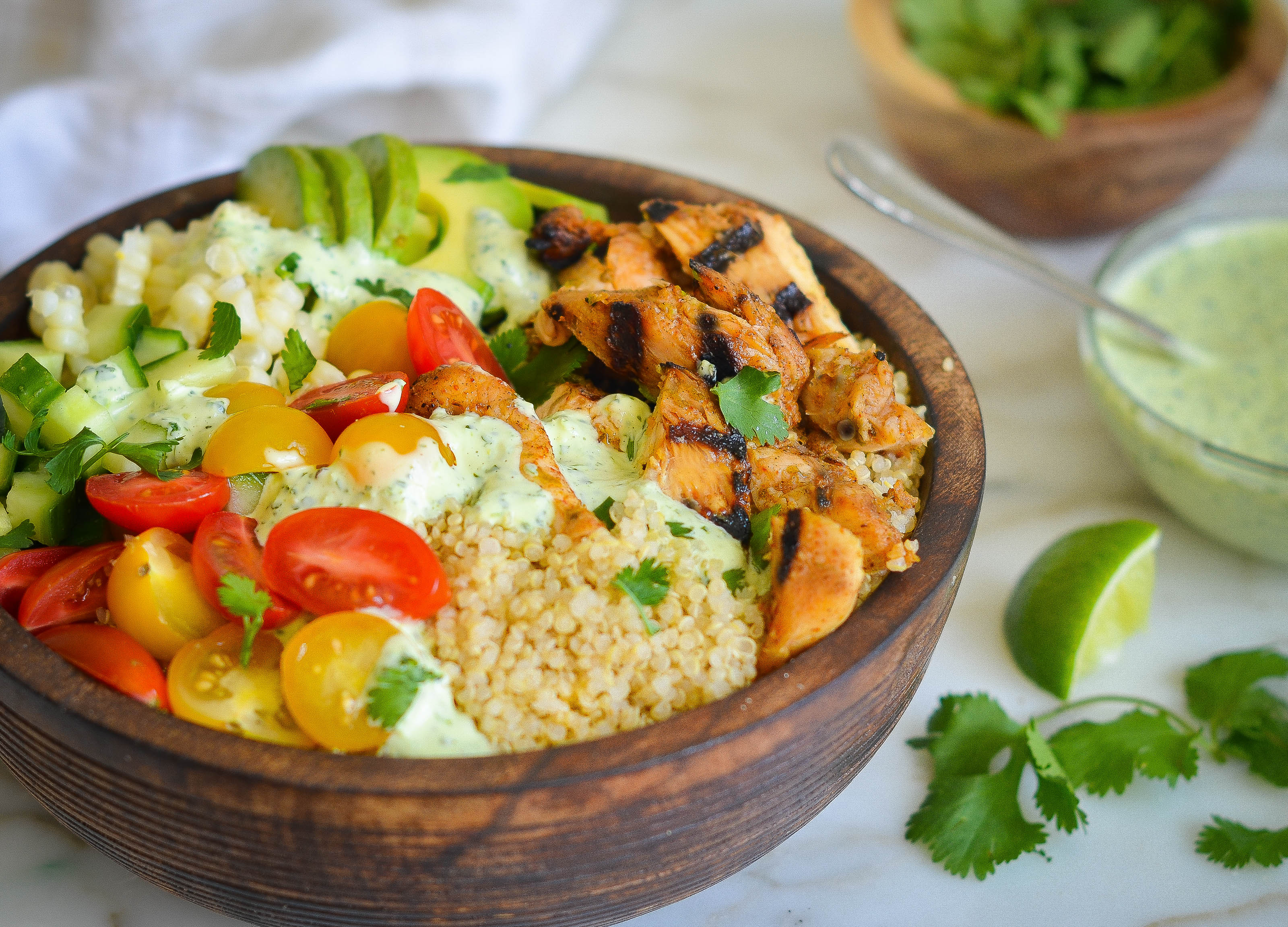 Chicken & Quinoa Burrito Bowls with Spicy Green Sauce - Once Upon a Chef