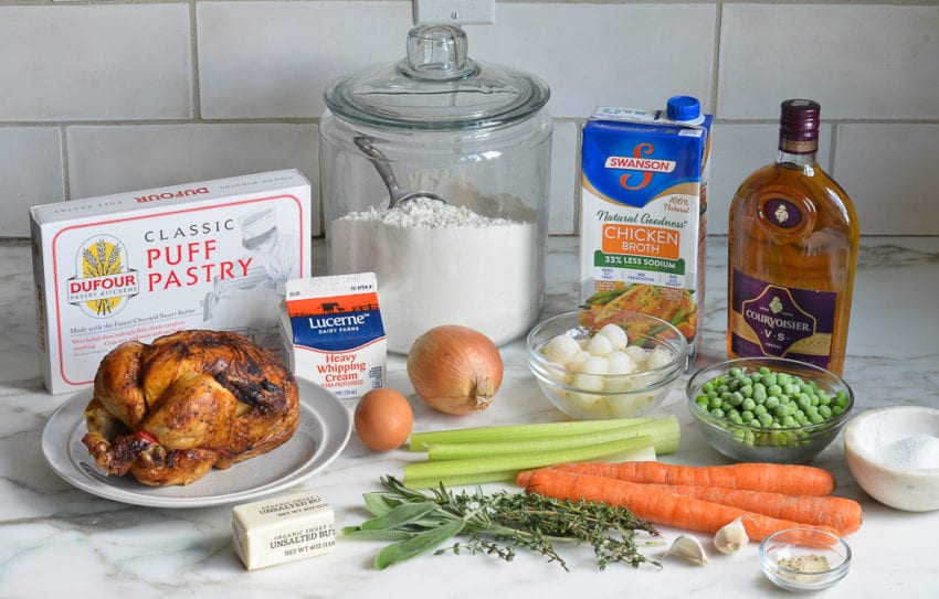 Pot pie ingredients including puff pastry, heavy cream, and chicken broth.