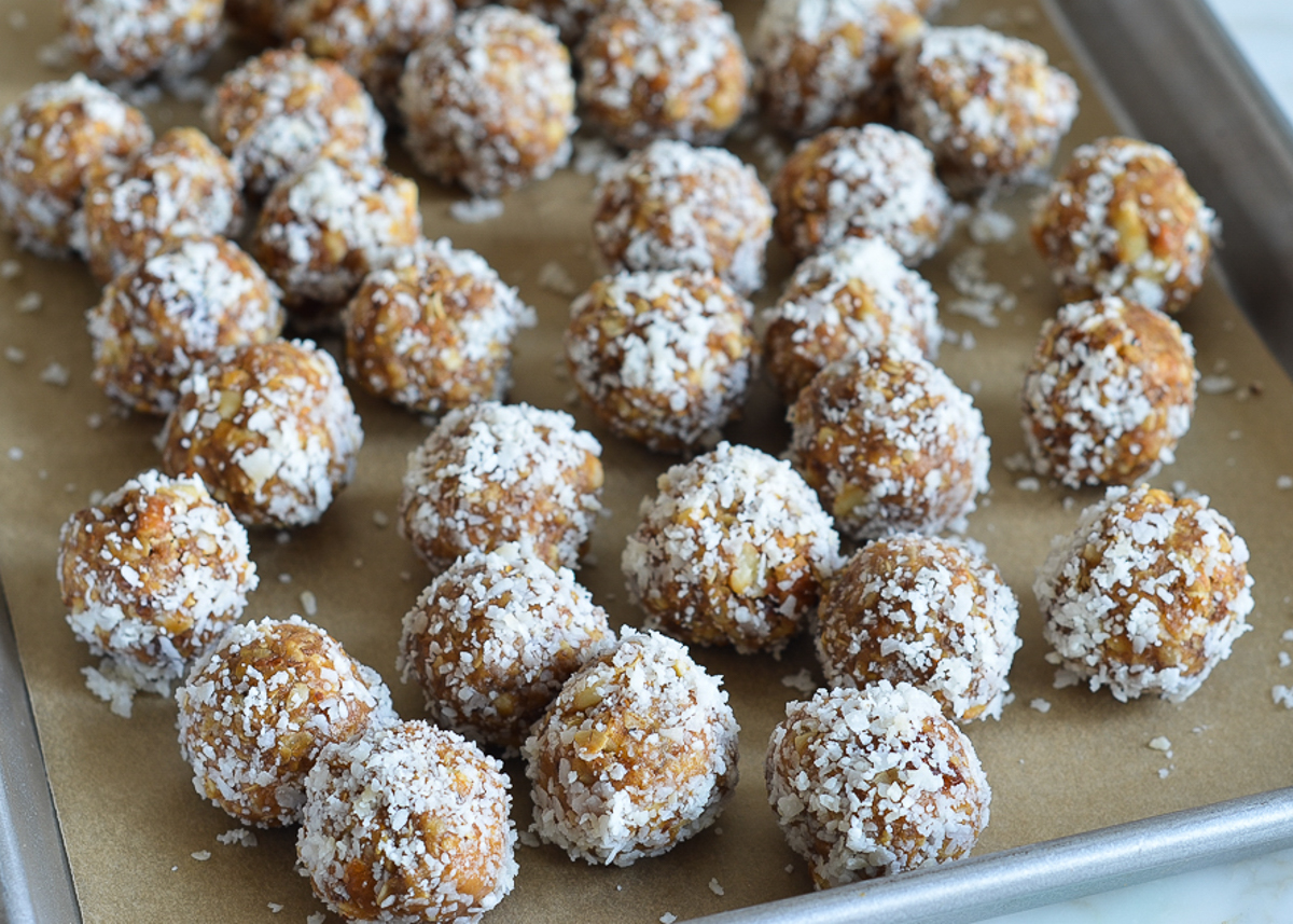 oat and nut energy bites on baking sheet