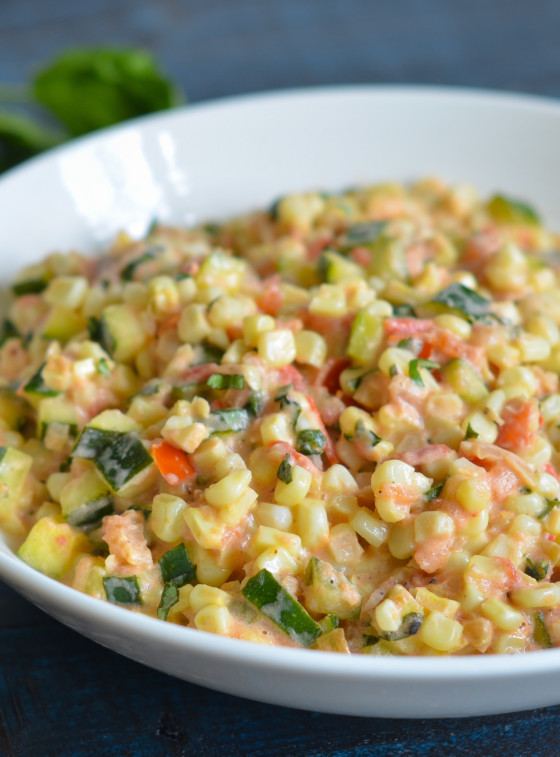 creamy corn, zucchini and tomatoes