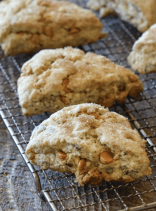 Butterscotch pecan scones on a wire rack.