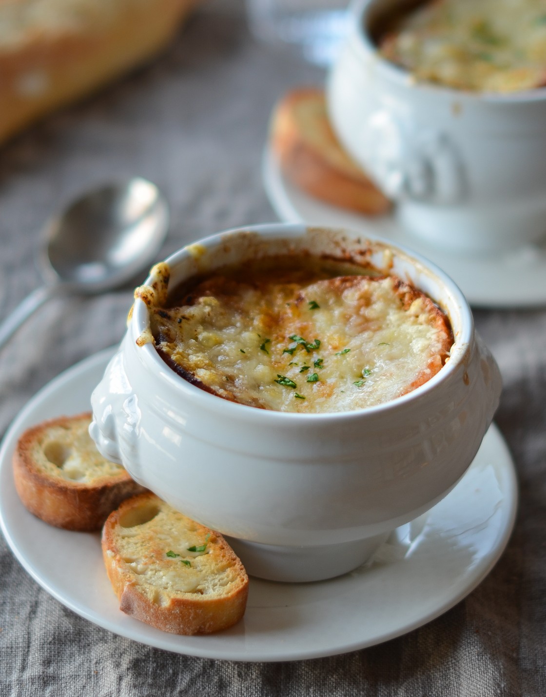 Small crock of French onion soup.