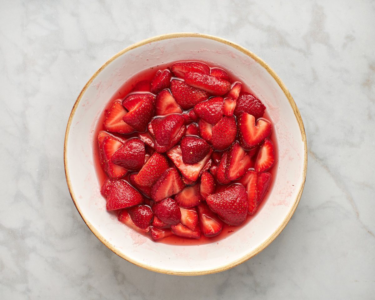 macerated strawberries in bowl.