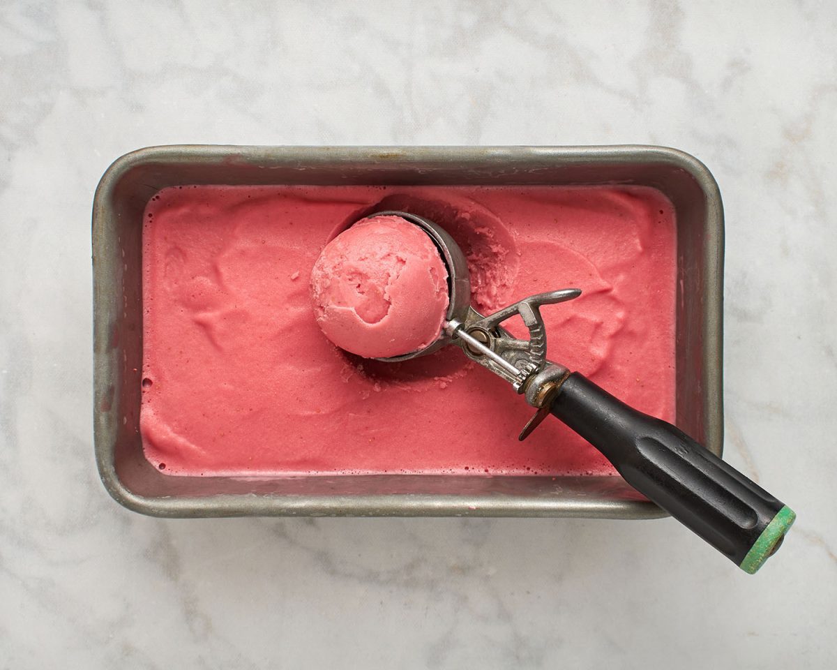 hardened strawberry frozen yogurt in loaf pan