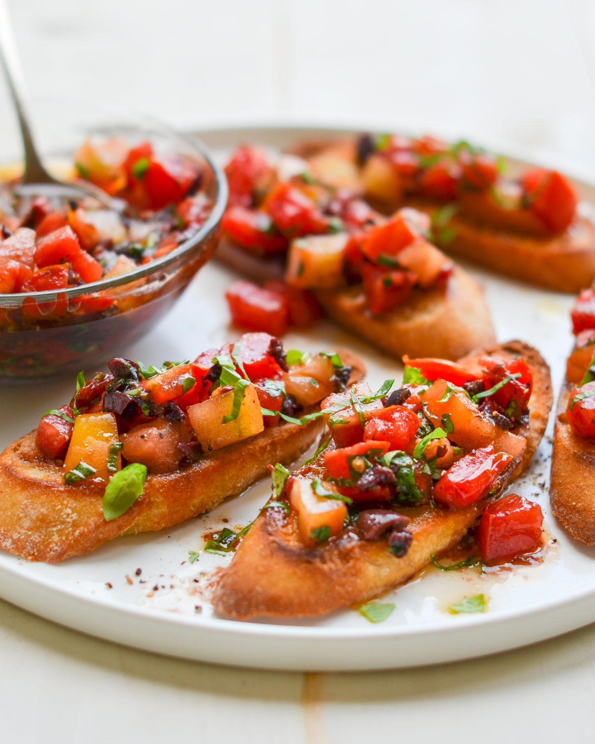 Bruschetta with Heirloom Tomatoes, Olives and Basil - Once Upon a Chef