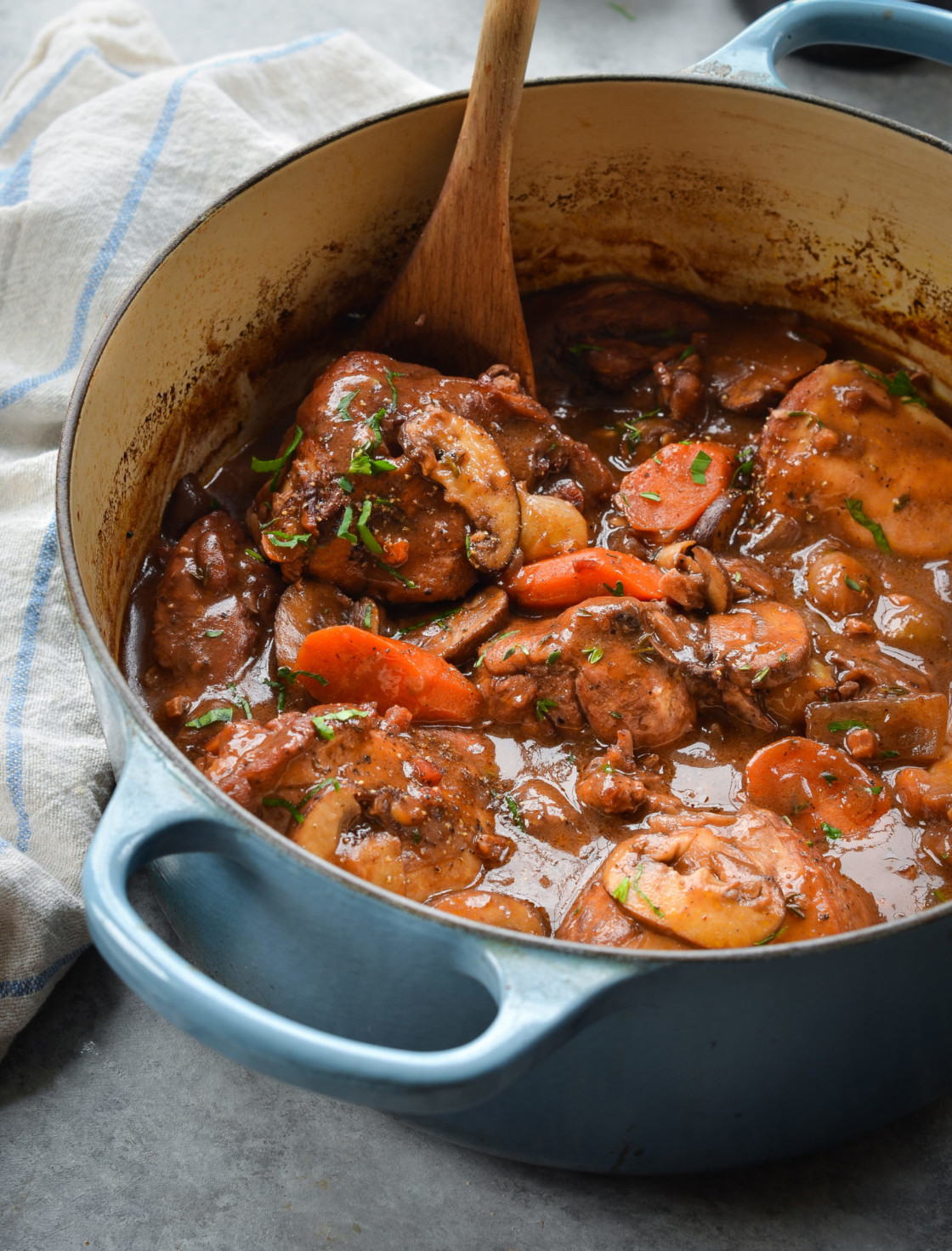 Dutch oven of coq au vin.