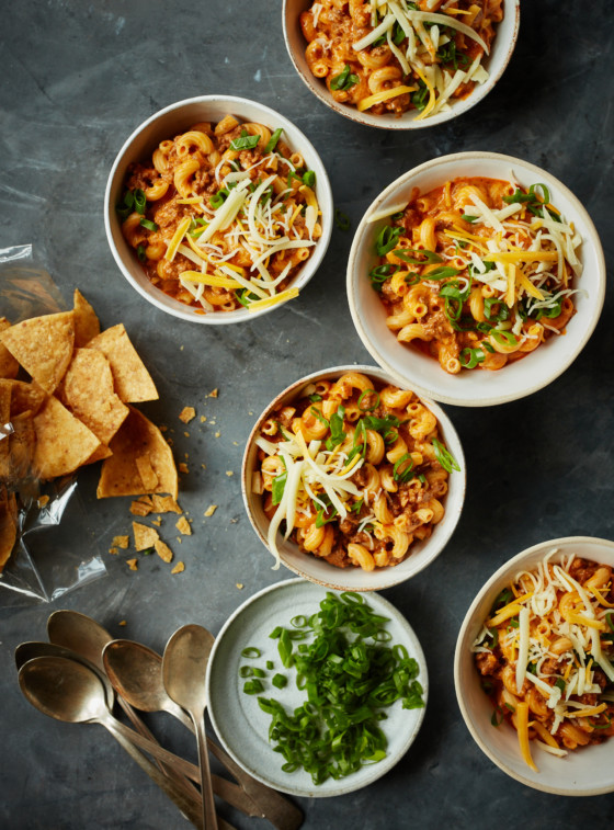 Bowls of chili mac on a table.