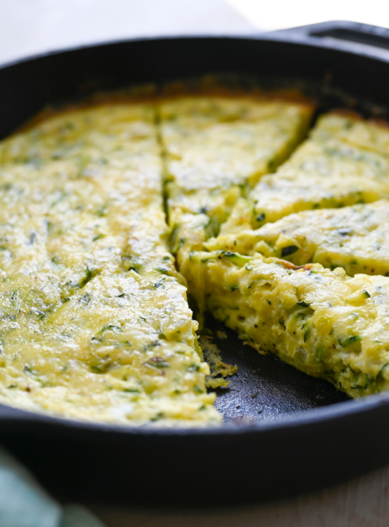 Zucchini frittata in a skillet.