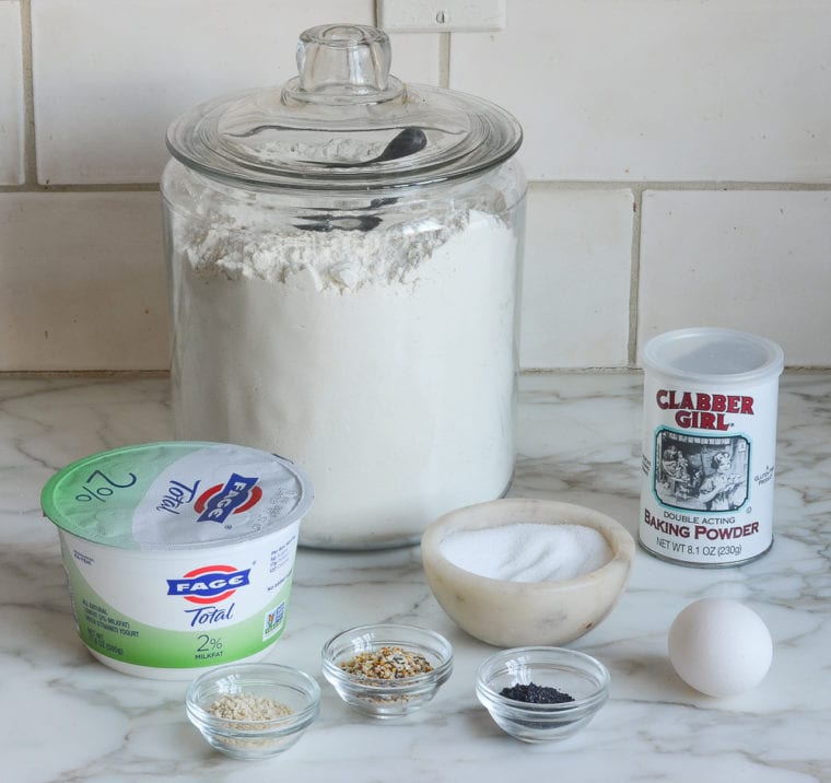 Bagel ingredients including baking powder, egg, and flour.