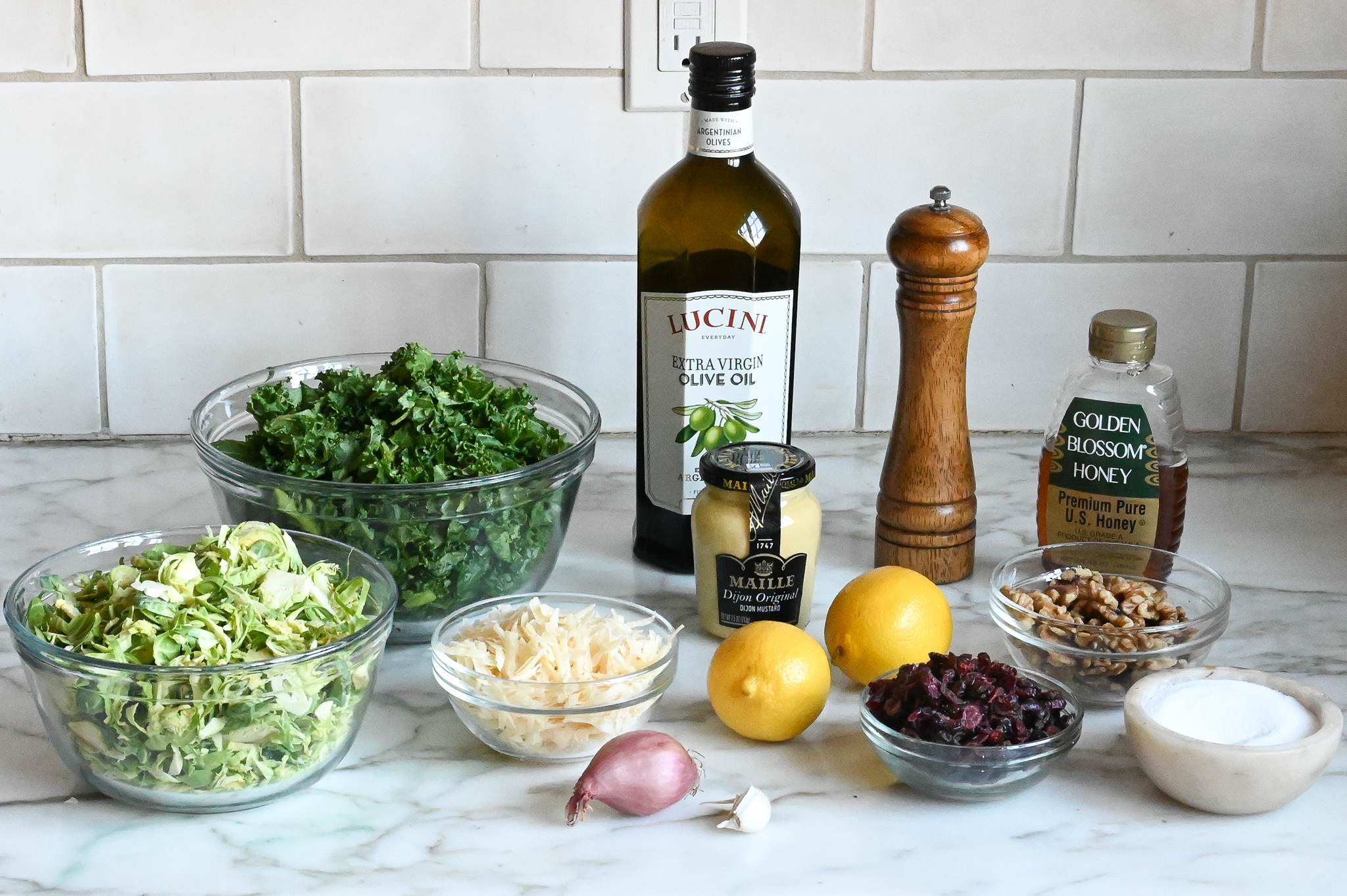 Kale Brussels Sprouts And Dried Cranberry Salad With Honey Dijon Vinaigrette Once Upon A Chef 