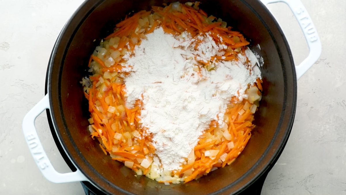 flour added to onion and carrot mixture