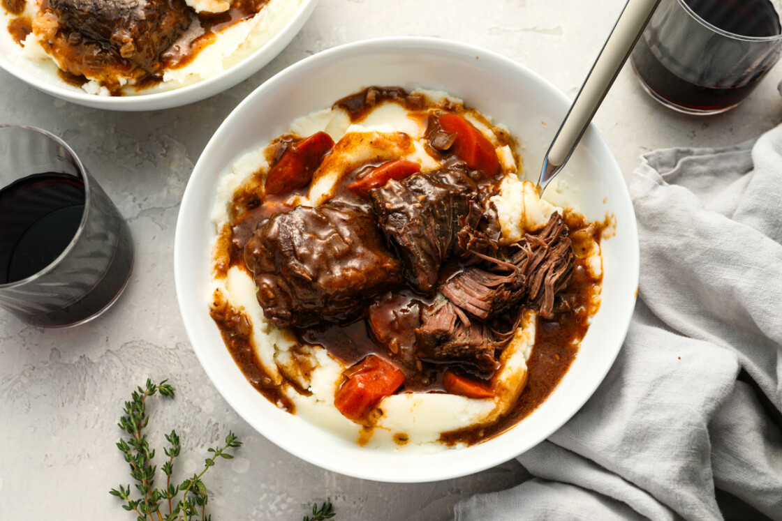 Braised short ribs over mashed potatoes.