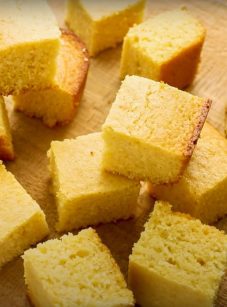 cornbread pieces on wooden board