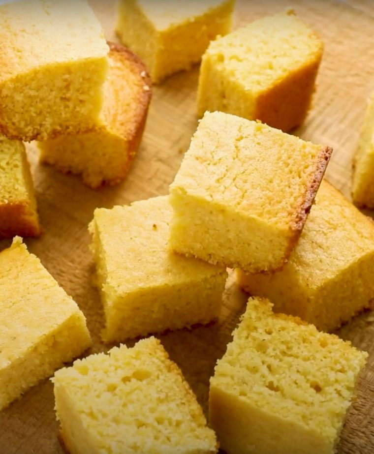 cornbread pieces on wooden board