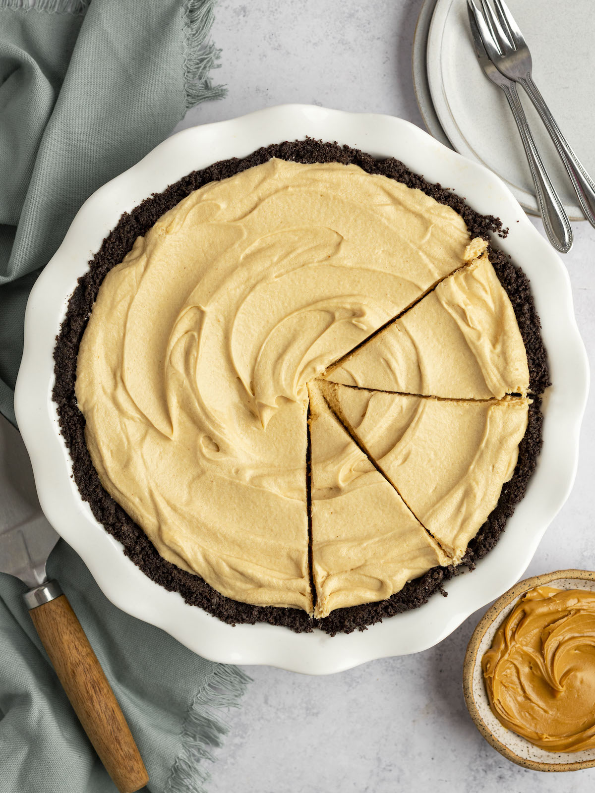 peanut butter pie with slices cut