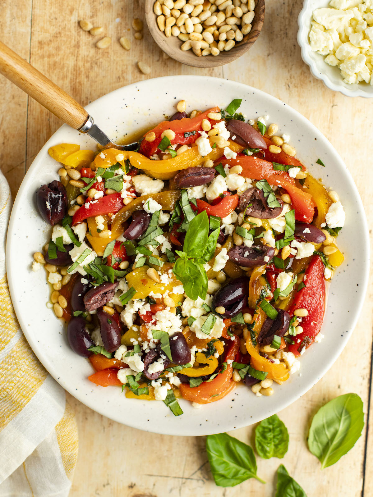 Roasted Pepper Salad with Feta, Pine Nuts & Basil