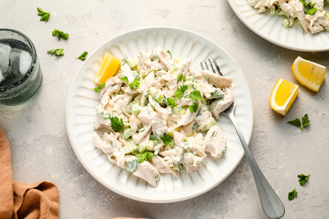 chicken salad on plate with fork.