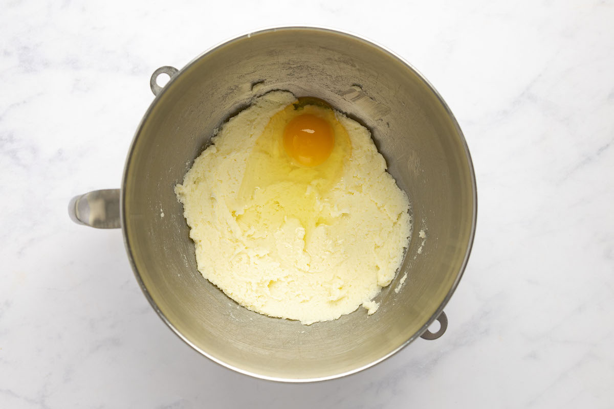egg added to whipped butter and sugar