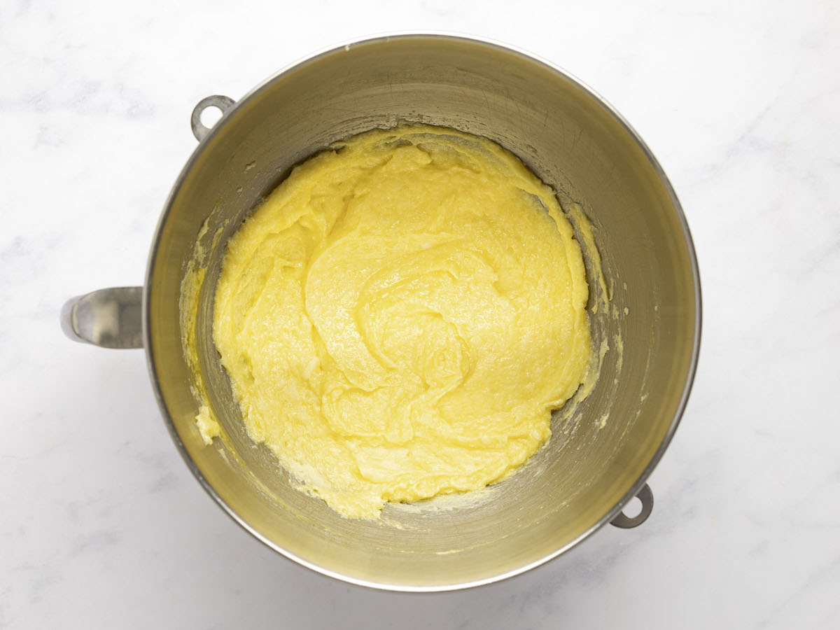 mixing bowl with eggs fully combined into butter/sugar mixture