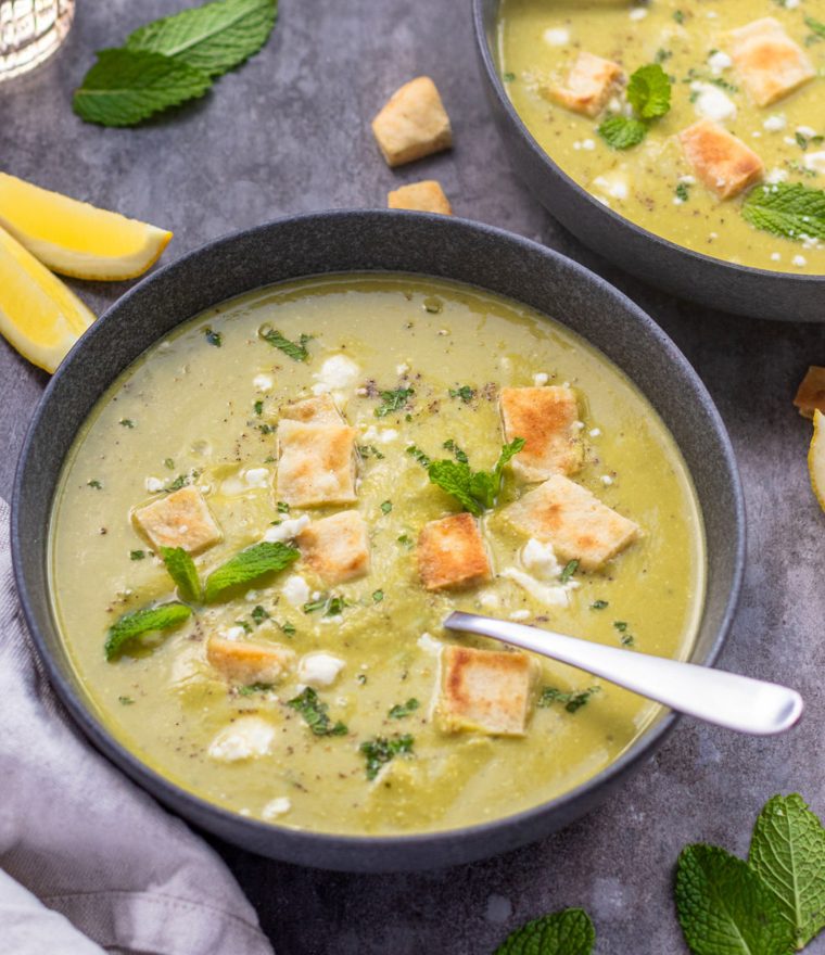 Green Pea & Asparagus Soup with Feta, Mint & Pita Croutons
