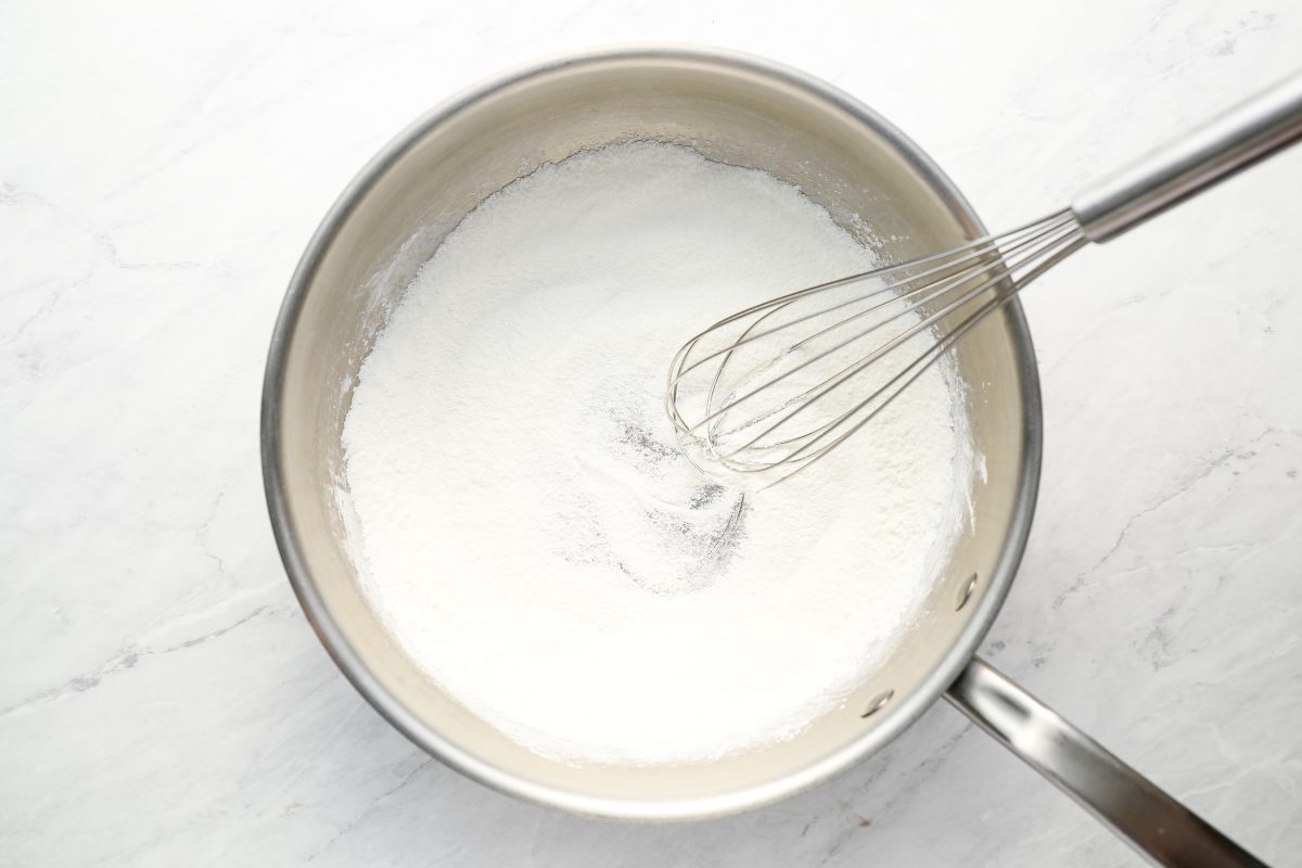 whisking sugar, cornstarch, and salt in a heavy medium saucepan