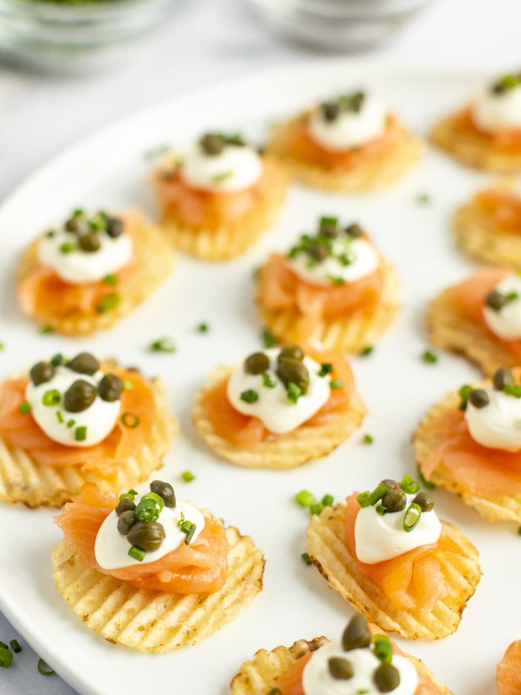 smoked salmon crisps on a platter