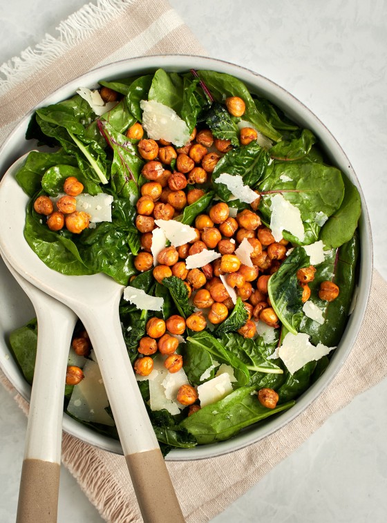 kale and power greens with roasted chickpeas and Parmesan