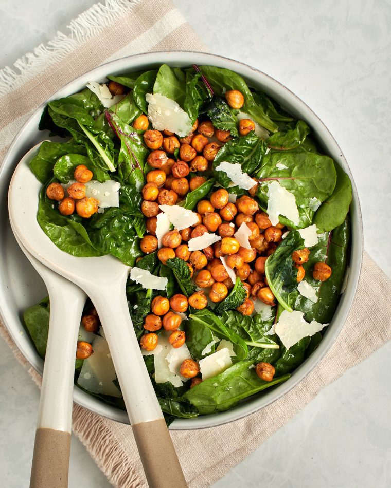 kale and power greens with roasted chickpeas and Parmesan