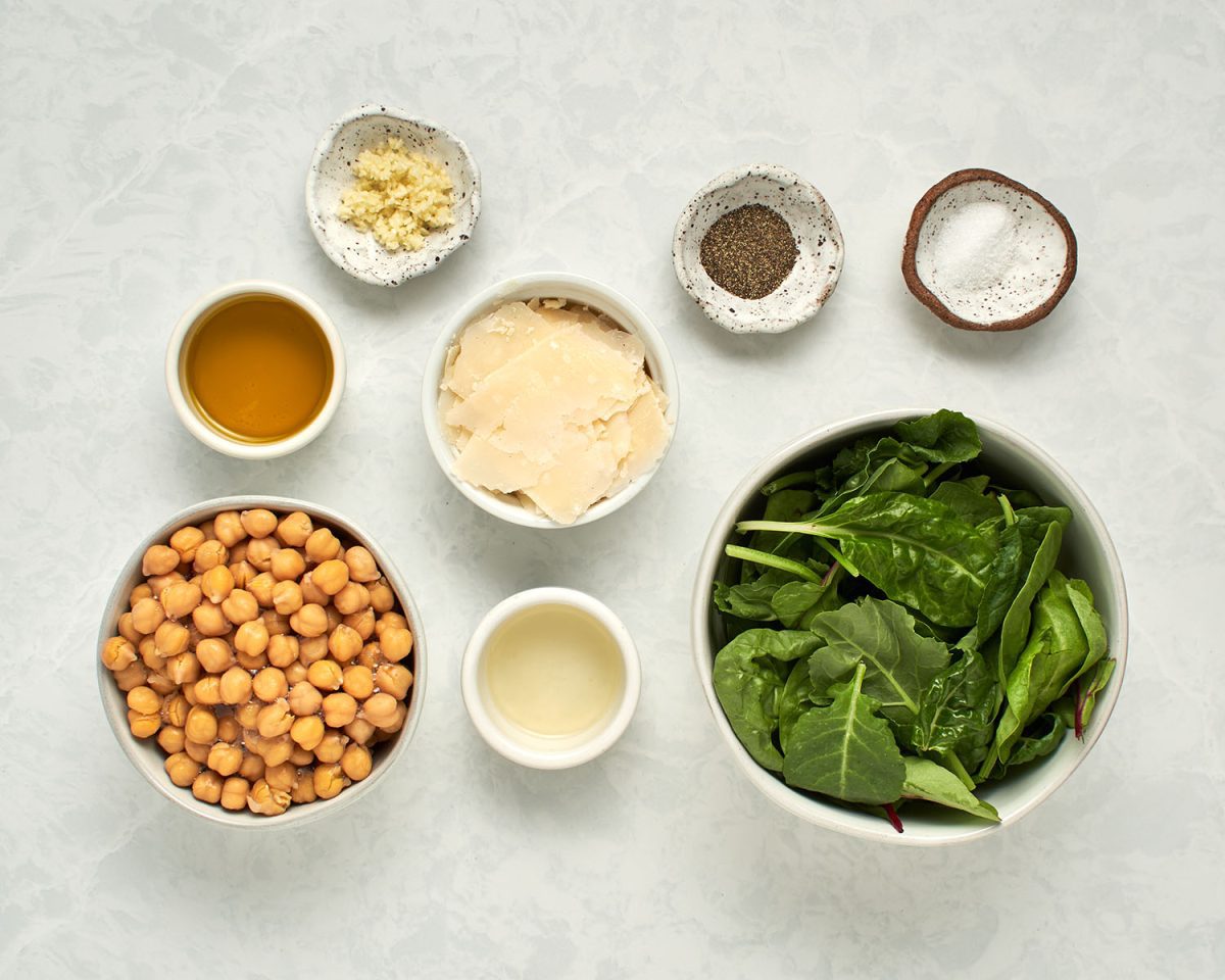 Ingredients for crispy chickpea and power greens salad