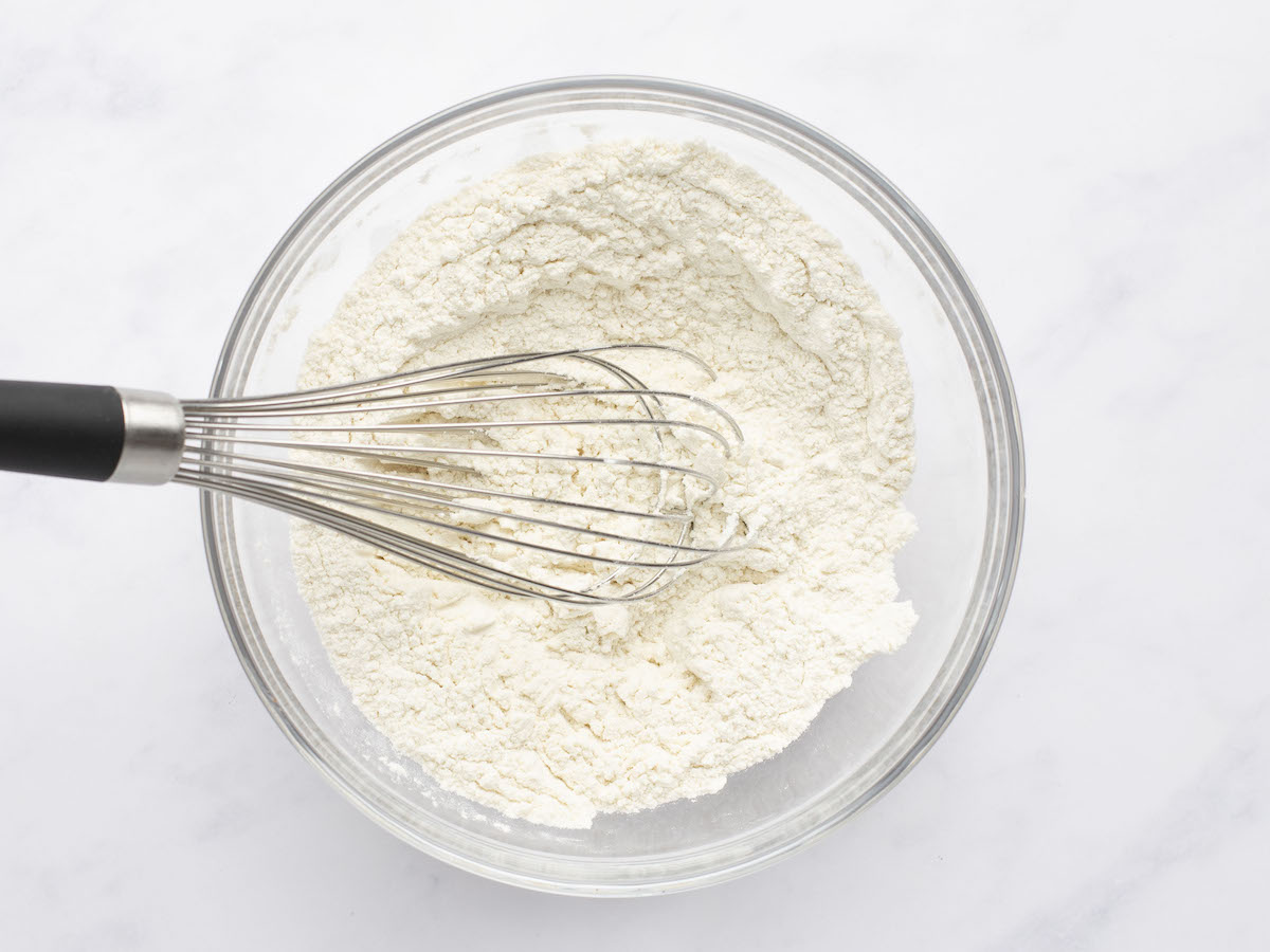 flour, salt, and baking powder whisked together in medium glass bowl