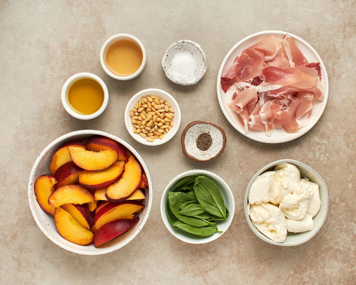 ingredients for peach and burrata salad with prosciutto