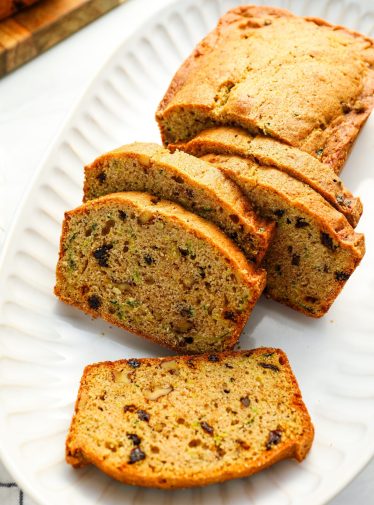 sliced zucchini bread on platter