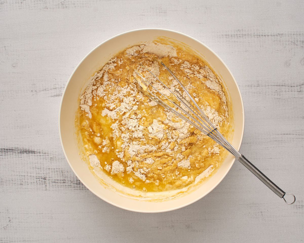 eggs, milk/lemon mixture, vanilla, and lemon zest added to dry ingredients in large mixing bowl
