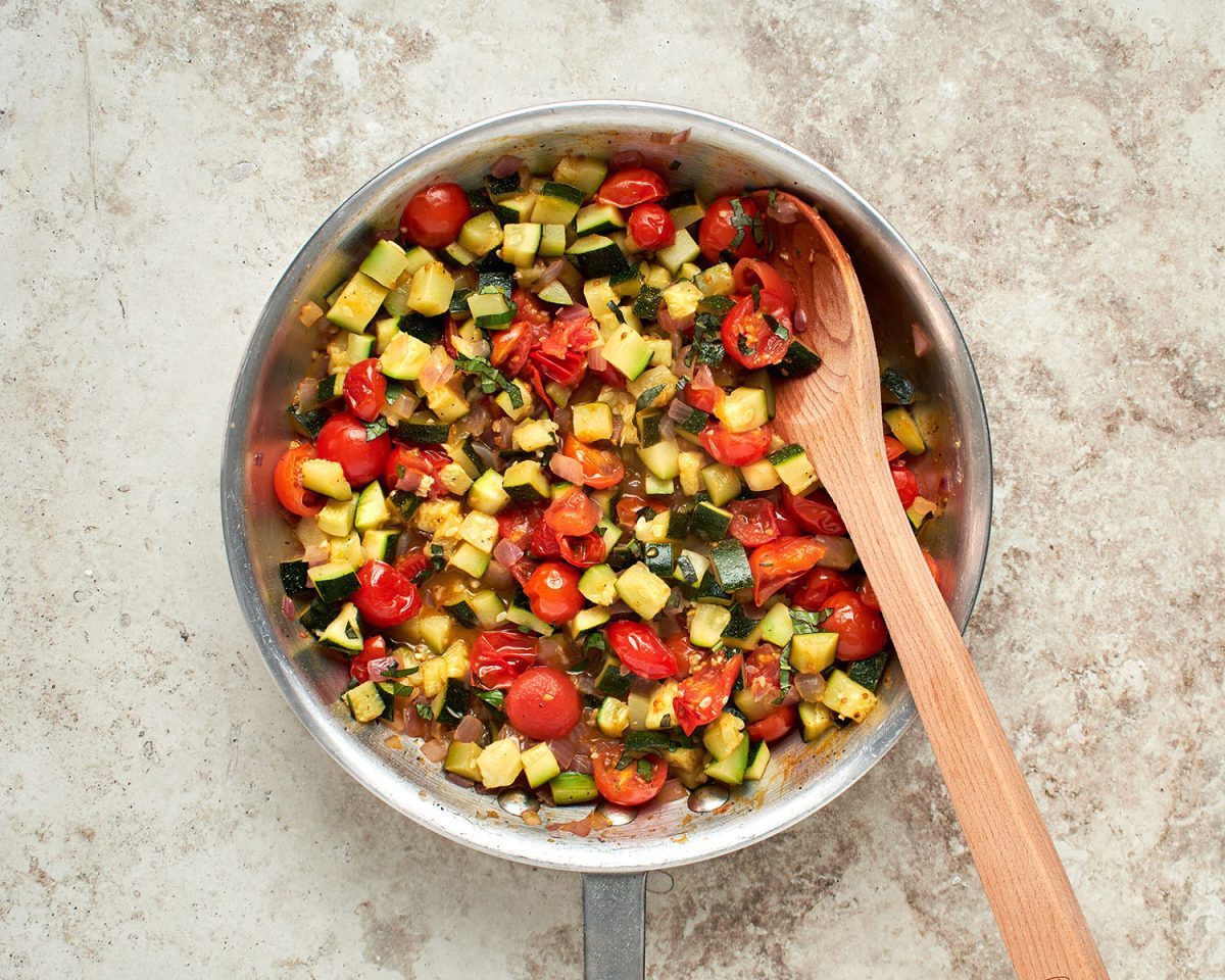 cooked vegetables in large sauté pan