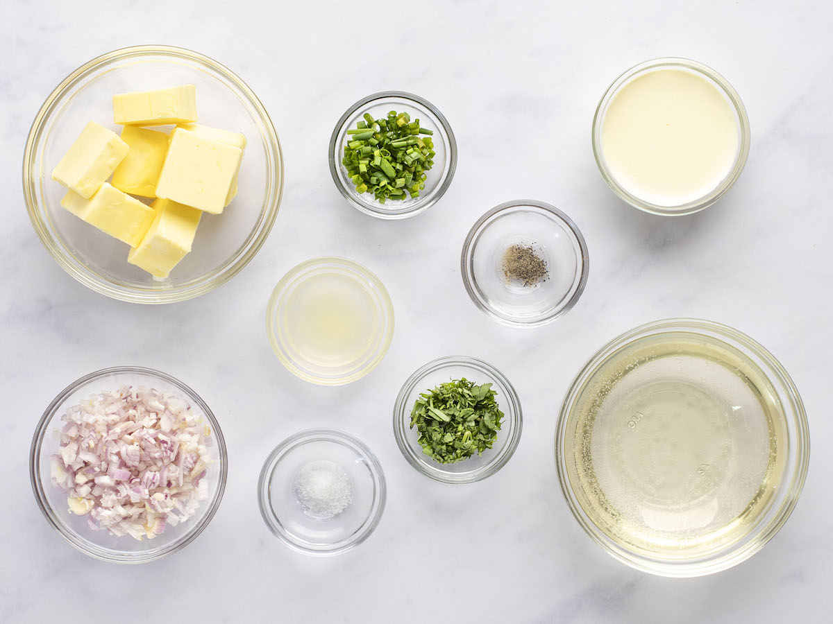 Beurre blanc ingredients in bowls